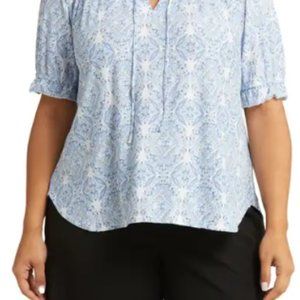 Mellody short sleeve blue geo pattern blouse- 1X- New Without Tags